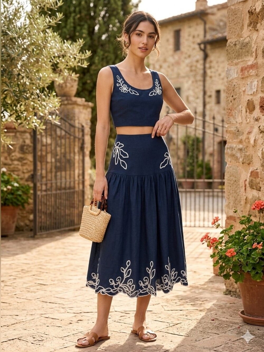 Embroidered Navy Blue Midi Skirt Set - Picture 11 of 11